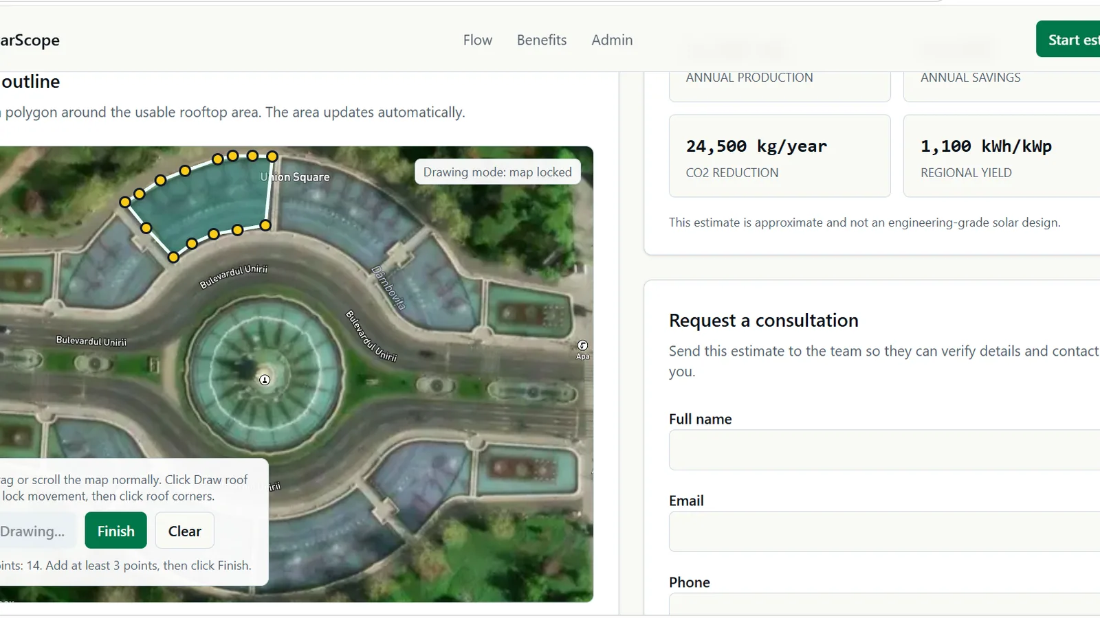 SolarScope rooftop mapping interface with a drawn solar assessment polygon