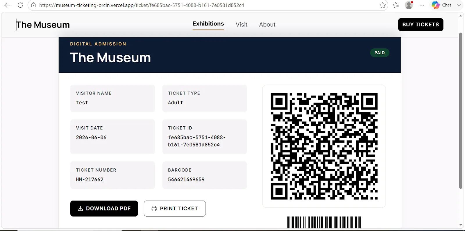 Museum ticketing purchase and digital-ticket interface