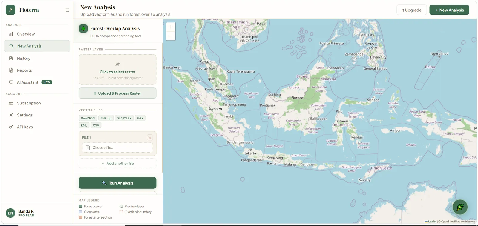 Ploterra new-analysis workspace with raster and vector upload controls
